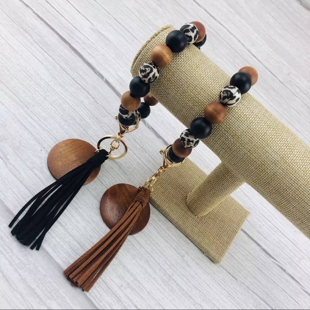 Cheetah Print/Wooden Beaded Keychain Wristlet